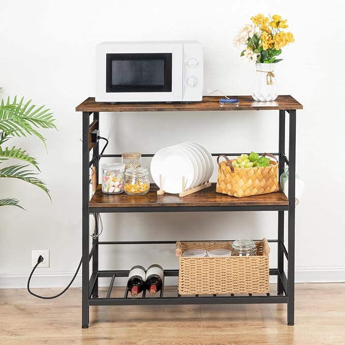 HOOBRO Kitchen Island with Storage, Kitchen Island Table with Power Outlet, 3 Tier Coffee Station and Microwave Stand, for Home, Kitchen and Dining Room, Rustic Brown and Black BF021ZD01 - LeafyLoom