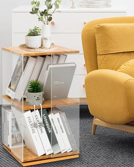 MYOYAY 360°Rotating Bookshelf 2 Tier Small Bookshelf with Doors Acrylic Bookshelf Spinning Modern Bookshelf Display Bookcase Rotating Storage Rack for Collectibles, Office, Bedroom or Living Room - LeafyLoom