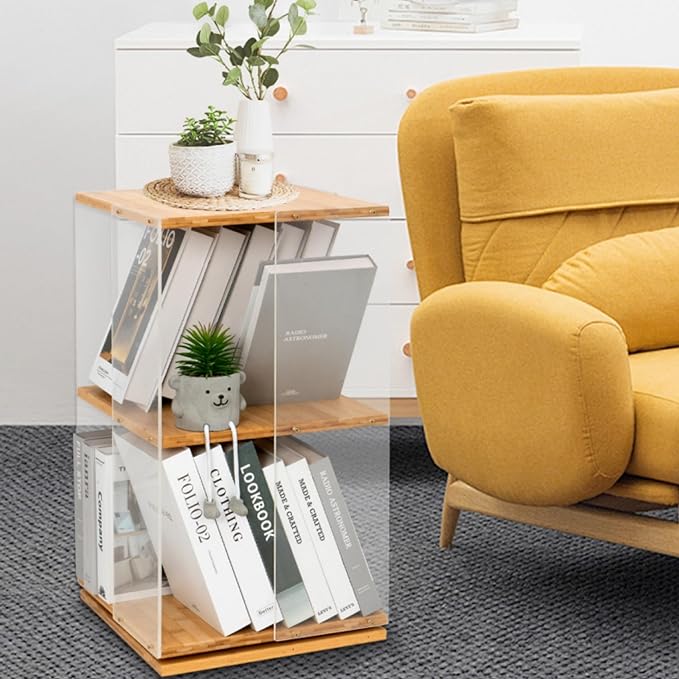MYOYAY 360°Rotating Bookshelf 2 Tier Small Bookshelf with Doors Acrylic Bookshelf Spinning Modern Bookshelf Display Bookcase Rotating Storage Rack for Collectibles, Office, Bedroom or Living Room - LeafyLoom