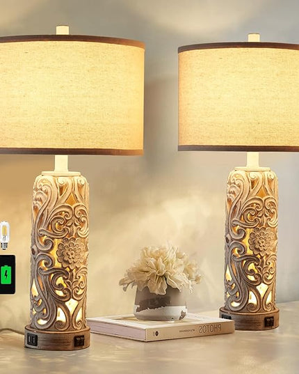 RORIANO Set of 2 Rustic Farmhouse Table Lamps for Living Room Bedroom, Vintage Bedside Lamp with Dual USB Port, Antique White Resin Retro Nightstand Lamps with Night Light, 2 Bulbs Include - LeafyLoom