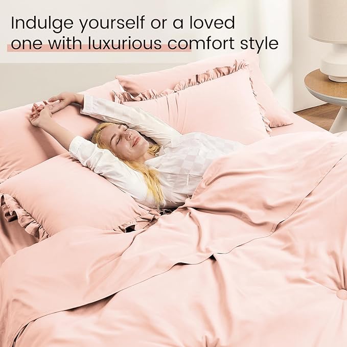 King Size Bed in a Bag 7 Pieces King Size Comforter Set, Ruffle Shabby Chic Bedding Comforter Set Pink Bed Set with Comforter, Pillowcases, Flat Sheet, Fitted Sheet and Pillow Shams - LeafyLoom