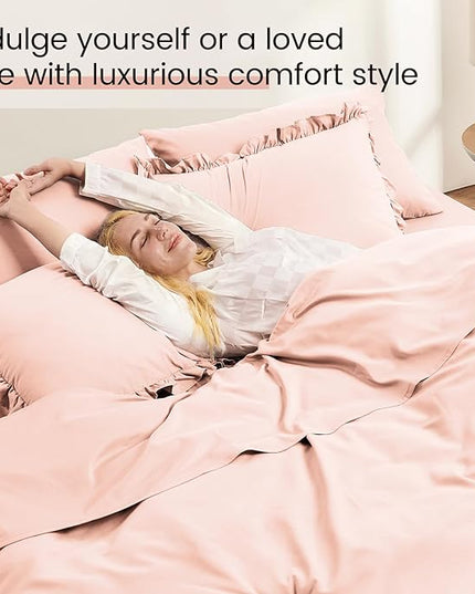 Queen Bed in a Bag 7 Pieces Comforter Set Queen, Ruffle Shabby Chic Bedding Comforter Set Pink Bed Set with Comforter, Pillowcases, Flat Sheet, Fitted Sheet and Pillow Shams - LeafyLoom