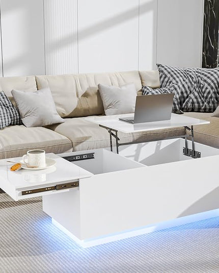 HOMMPA LED Coffee Table for Living Room Lift Top Coffee Tables with Power Outlet White Morden Center Table with Storage Hidden Compartment High Gloss Lift Tabletop - LeafyLoom