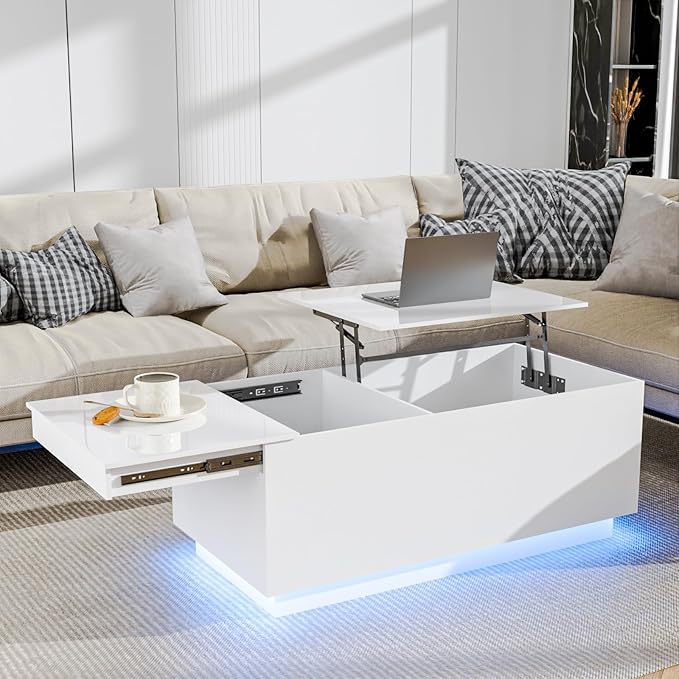 HOMMPA LED Coffee Table for Living Room Lift Top Coffee Tables with Power Outlet White Morden Center Table with Storage Hidden Compartment High Gloss Lift Tabletop - LeafyLoom