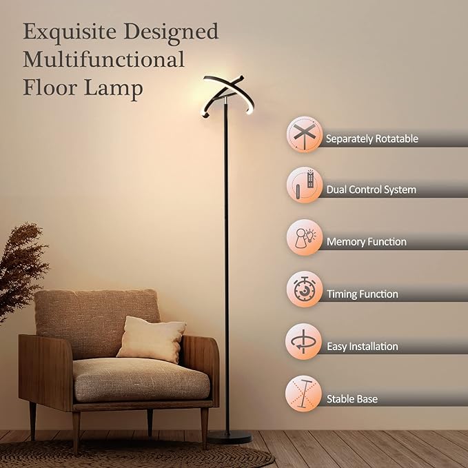 FIMEI Split Floor Lamp for Living Room, Modern Bright LED Standing Lamp, Eye-Protection Stepless Dimmable and 3000K-6000K, for Bedroom Office, Black - LeafyLoom
