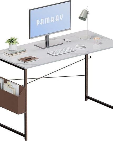 Pamray 47 Inch Computer Desk Small Spaces Desk with Storage Bag for Bedroom Writing and Home Office Work Small Study Desk Table White Marble - LeafyLoom