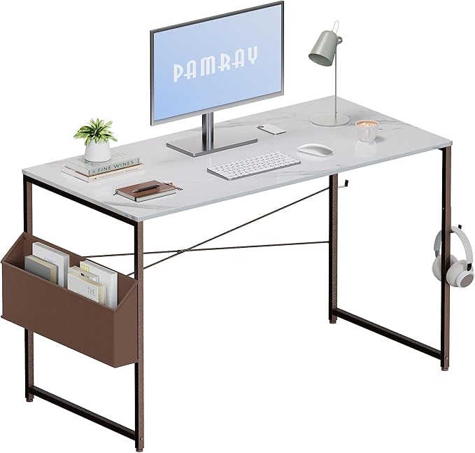 Pamray 47 Inch Computer Desk Small Spaces Desk with Storage Bag for Bedroom Writing and Home Office Work Small Study Desk Table White Marble - LeafyLoom