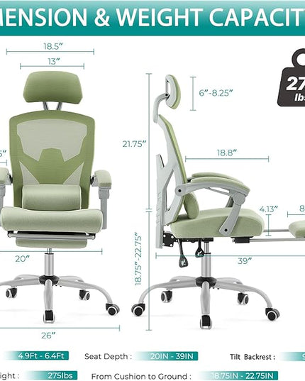MCQ Office Computer Desk Chair, Gaming Chairs for Adults, High-Back Mesh Rolling Swivel Reclining Chairs with Wheels, Comfortable Lumbar Support, Comfy Arms for Home, Office, Gaming, Student, Green - LeafyLoom