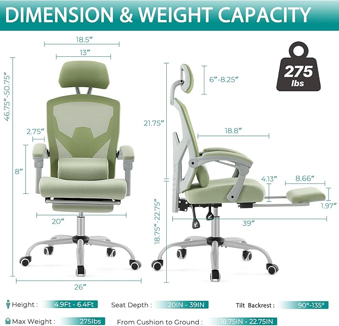 MCQ Office Computer Desk Chair, Gaming Chairs for Adults, High-Back Mesh Rolling Swivel Reclining Chairs with Wheels, Comfortable Lumbar Support, Comfy Arms for Home, Office, Gaming, Student, Green - LeafyLoom