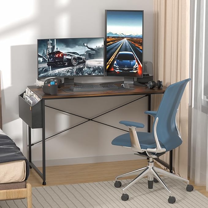 MoNiBloom Home Office Gaming Desk, 47 Inches Computer Study Table with A Storage Bag, Rustic Brown - LeafyLoom