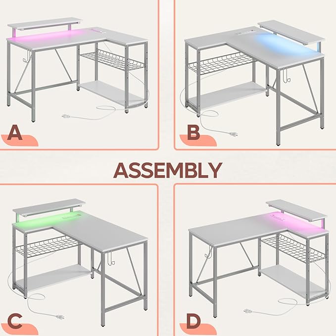 Bestier Small Gaming Desk with Power Outlets,42 L Shaped LED Computer Desk with Reversible Shelves,Corner Gamer Desk with Hooks USB Charging Port,Carbon Fiber White - LeafyLoom