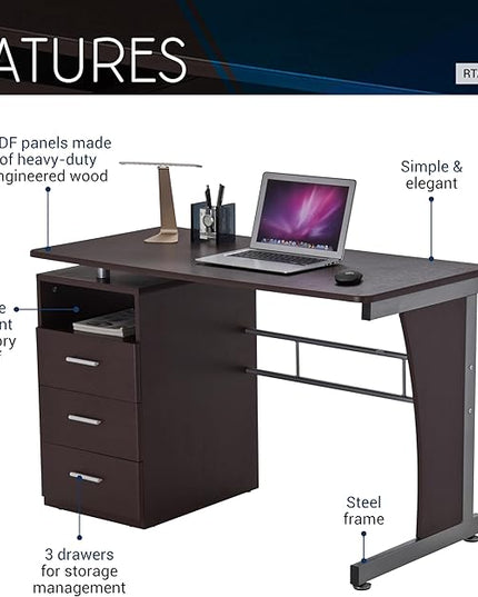 Techni Mobili Drawers Computer Desk, 48" W x 23" D x 30" H, Chocolate - LeafyLoom