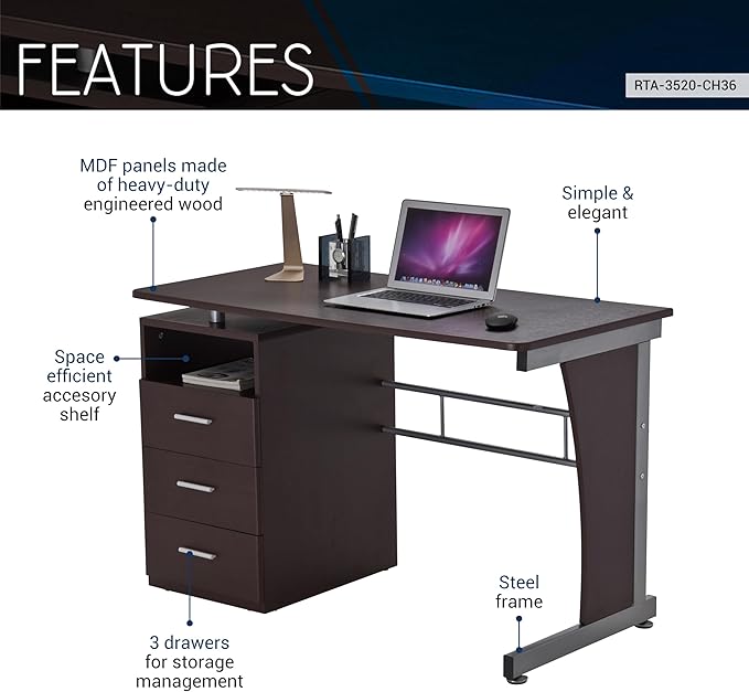 Techni Mobili Drawers Computer Desk, 48" W x 23" D x 30" H, Chocolate - LeafyLoom