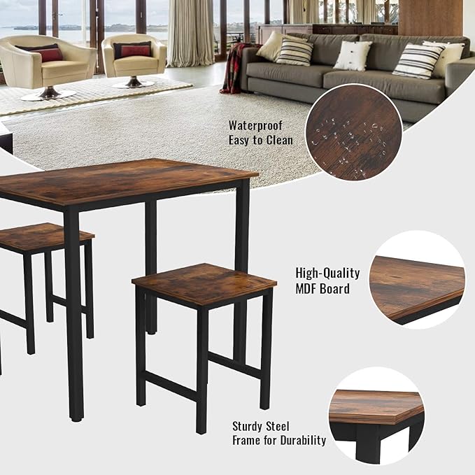 DKLGG 3 Pieces Dining Table Set, Space Saving Kitchen Table and Chairs Set for 2, Small Dining Table and Chairs for 2 Perfect for Breakfast Nook, Living Room, Apartment - LeafyLoom