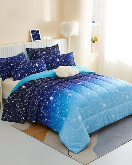 KAKKI Blue Ombre Glitter Galaxy Comforter Set Queen for Boys Girls, Sparkle Constellation Starry Sky Comforter for Kids Teen, 3pc Soft Bedding with 2 Pillow Cases for All Season - LeafyLoom