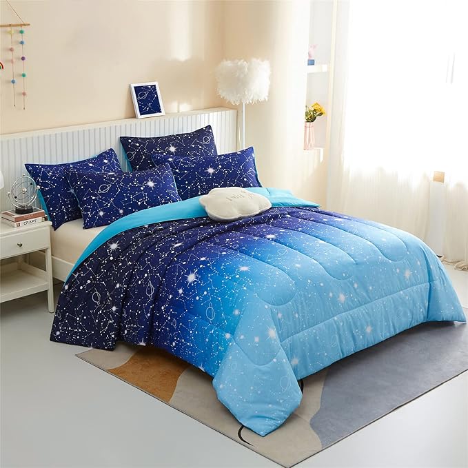 KAKKI Blue Ombre Glitter Galaxy Comforter Set Queen for Boys Girls, Sparkle Constellation Starry Sky Comforter for Kids Teen, 3pc Soft Bedding with 2 Pillow Cases for All Season - LeafyLoom