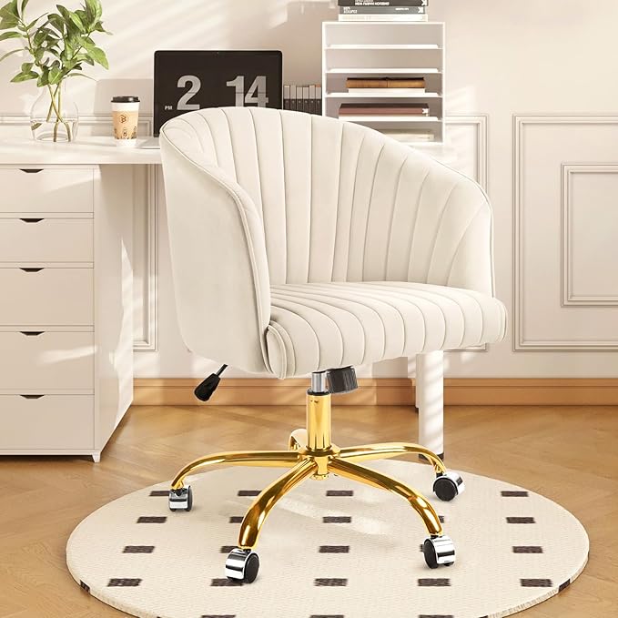 Home Office Desk Chair, Swivel Velvet Office Chair with Arms, Modern Computer Desk Chairs with Wheels, Comfy Wide Armchair for Living Room, Bedroom, Study, Vanity Room, Tan - LeafyLoom