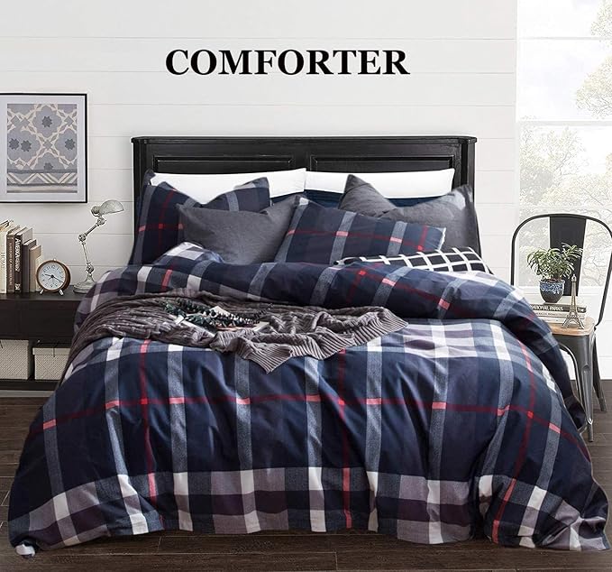 Navy Plaid Comforter Set Cal King Multicolor Checkered Bedding Set Navy Blue Tartan Grid Comforter Striped Women Navy Blue Blanket Cal King Breathable Navy Blue Checkered Bed Comforter Set - LeafyLoom