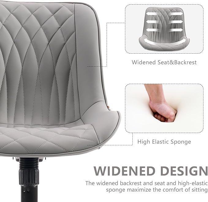 YOUNIKE Desk Chair with Wheels Armless Office Chair Swivel Rolling Task Chair with Back Upholstered Faux Leather Computer Chair Height Adjustable Modern Ergonomic Seat, Loads 300 lbs, Grey - LeafyLoom