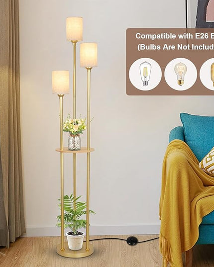Floor Lamps for Living Room, 3-Lights Modern Floor Lamp with Shelves, Gold Standing Lamp with Fabric Shade and Foot Switch, Shelf Standing Lamps with Table, Tall Table Lamps for Bedroom Office - LeafyLoom
