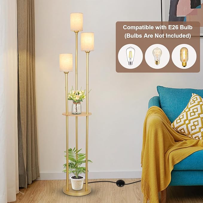 Floor Lamps for Living Room, 3-Lights Modern Floor Lamp with Shelves, Gold Standing Lamp with Fabric Shade and Foot Switch, Shelf Standing Lamps with Table, Tall Table Lamps for Bedroom Office - LeafyLoom