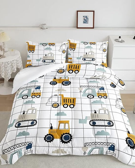 Datura home Construction Truck Comforter Set for Boys Kids Children, Machinery Excavators Vehicles Cartoon Tractor Bedding with 1 and 2 Pillowcases(Construction Queen 90x90inches) - LeafyLoom