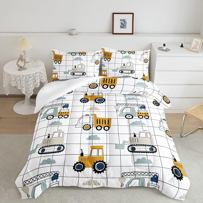 Datura home Construction Truck Comforter Set for Boys Kids Children, Machinery Excavators Vehicles Cartoon Tractor Bedding with 1 and 2 Pillowcases(Construction Queen 90x90inches) - LeafyLoom