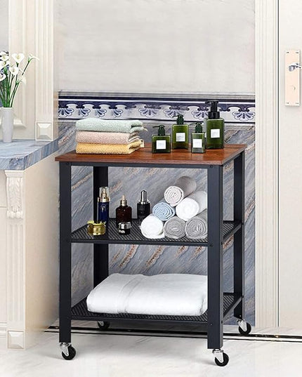Kitchen Cart, Industrial Microwave Cart, 3-Tier Rolling Utility Cart on Wheels with Metal Frame Wooden Table and Two Grid Storage Shelves for Kitchen and Living Room, Bedroom (Brown) - LeafyLoom