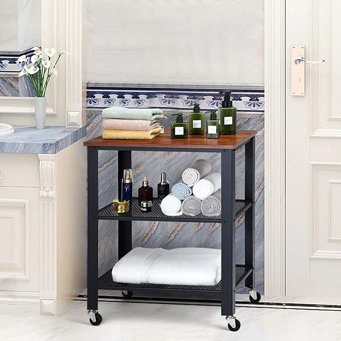 Kitchen Cart, Industrial Microwave Cart, 3-Tier Rolling Utility Cart on Wheels with Metal Frame Wooden Table and Two Grid Storage Shelves for Kitchen and Living Room, Bedroom (Brown) - LeafyLoom