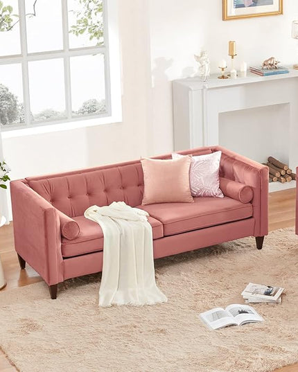 Dreamsir 78'' W Velvet Sofa, Mid-Century Love Seats Sofa Furniture with Bolster Pillows, Button Tufted Couch for Living Room, Tool-Free Assembly (Sofa, Pink) - LeafyLoom