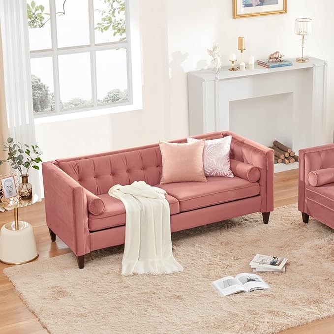 Dreamsir 78'' W Velvet Sofa, Mid-Century Love Seats Sofa Furniture with Bolster Pillows, Button Tufted Couch for Living Room, Tool-Free Assembly (Sofa, Pink) - LeafyLoom
