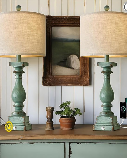 BOBOMOMO Retro 27" USB Charging Ports A/C 3 Way Dimmable Touch Control Green Farmhouse Lamps Set of 2 for Bedrooms Retro Side Table Lamps Bedside Lamp for Side Nightstand Living Room(Bulb Included) - LeafyLoom