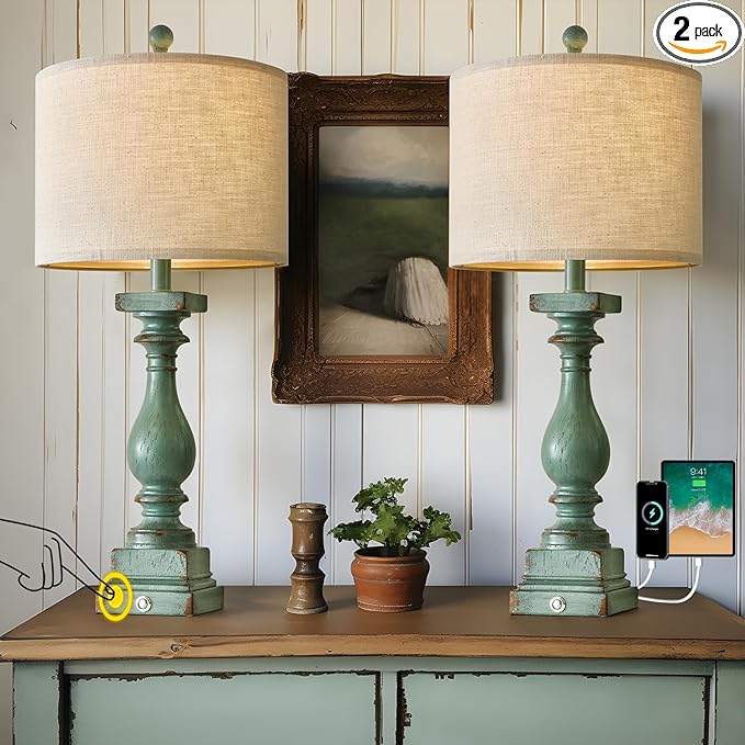BOBOMOMO Retro 27" USB Charging Ports A/C 3 Way Dimmable Touch Control Green Farmhouse Lamps Set of 2 for Bedrooms Retro Side Table Lamps Bedside Lamp for Side Nightstand Living Room(Bulb Included) - LeafyLoom