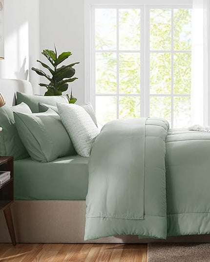 CozyLux King Size Comforter Sets - 7 Pieces Bed in a Bag Set Sage Green, Bedding Sets King with All Season Quilted Comforter, Flat Sheet, Fitted Sheet, Pillowcases, Sage Green, King - LeafyLoom