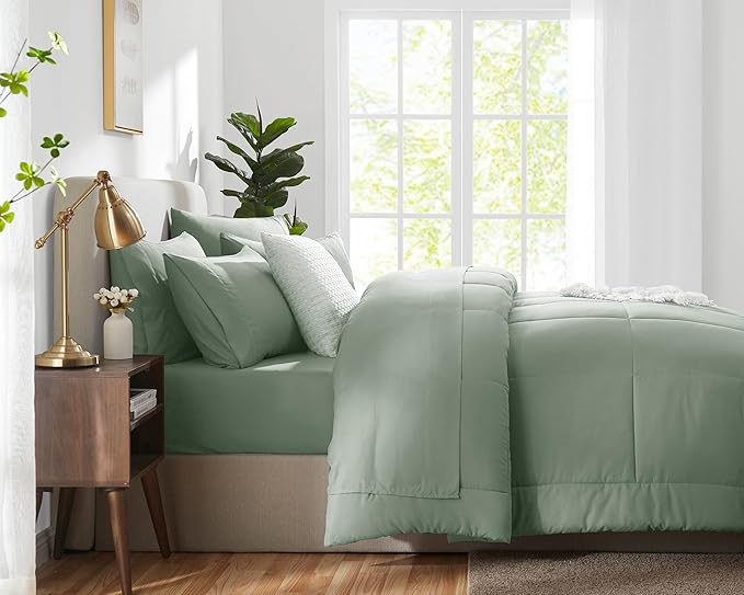 CozyLux King Size Comforter Sets - 7 Pieces Bed in a Bag Set Sage Green, Bedding Sets King with All Season Quilted Comforter, Flat Sheet, Fitted Sheet, Pillowcases, Sage Green, King - LeafyLoom