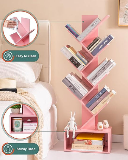 Yoobure Tree Bookshelf - 6 Shelf Retro Floor Standing Bookcase, Tall Wood Book Storage Rack for CDs/Movies/Books, Utility Book Organizer Shelves for Bedroom, Living Room, Home Office Pink - LeafyLoom