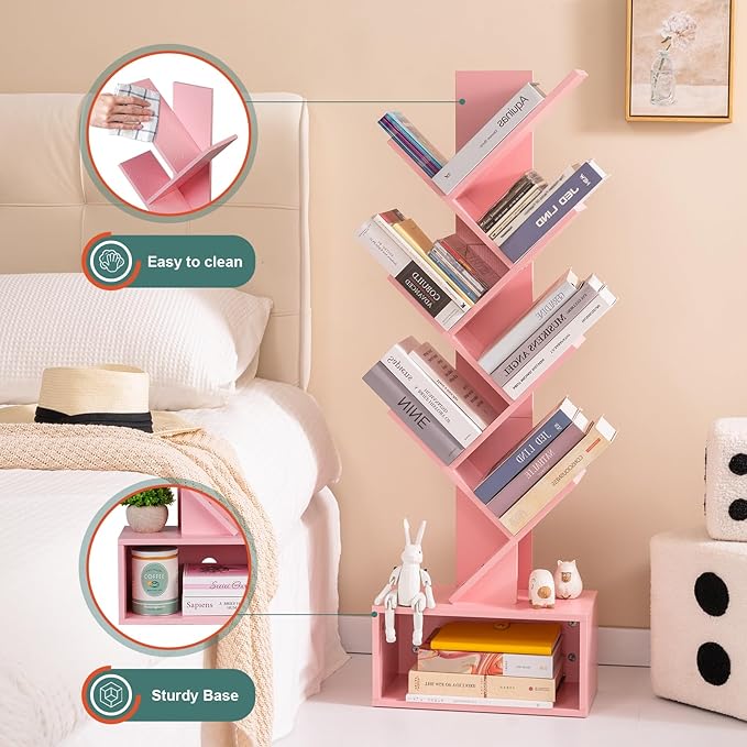 Yoobure Tree Bookshelf - 6 Shelf Retro Floor Standing Bookcase, Tall Wood Book Storage Rack for CDs/Movies/Books, Utility Book Organizer Shelves for Bedroom, Living Room, Home Office Pink - LeafyLoom