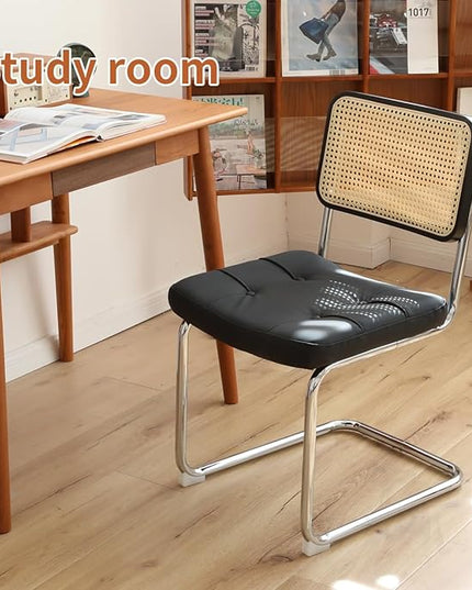 Dining Chairs Set of 2, Faux Leather Rattan Side Accent Chairs with Chrome Legs, Modern Mid Century Designed Chairs for Dining,Living Room,Kitchen Chairs (Leather Black) - LeafyLoom