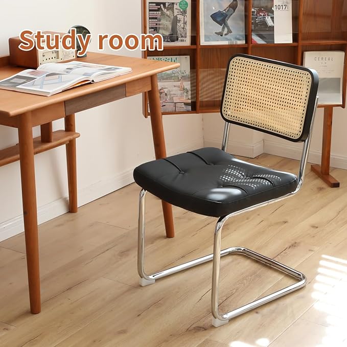 Dining Chairs Set of 2, Faux Leather Rattan Side Accent Chairs with Chrome Legs, Modern Mid Century Designed Chairs for Dining,Living Room,Kitchen Chairs (Leather Black) - LeafyLoom