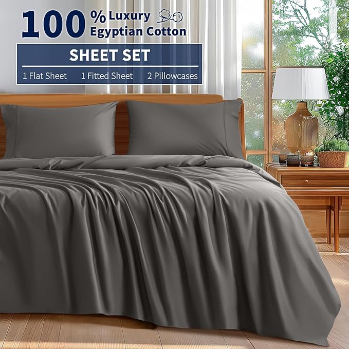 Shilucheng 100% Cotton Sheets Set - 600 Thread Count，Luxury Egyptian Cotton Bed Sheets，5-Star Hotel Quality Sheets, Breathable & Cooling, 16 Inch Deep Pocket - 4 Piece (Dark Grey, Full) - LeafyLoom