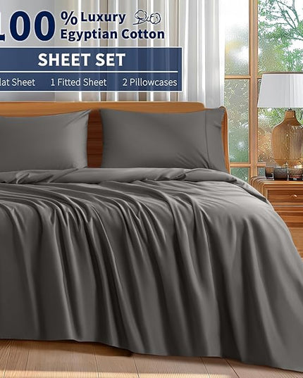 Shilucheng 100% Cotton Queen Size Sheets Set - 600 Thread Count，Luxury Egyptian Cotton Bed Sheets，5-Star Hotel Quality Sheets, Breathable & Cooling, 16 Inch Deep Pocket - 4 Piece (Dark Grey, Queen) - LeafyLoom