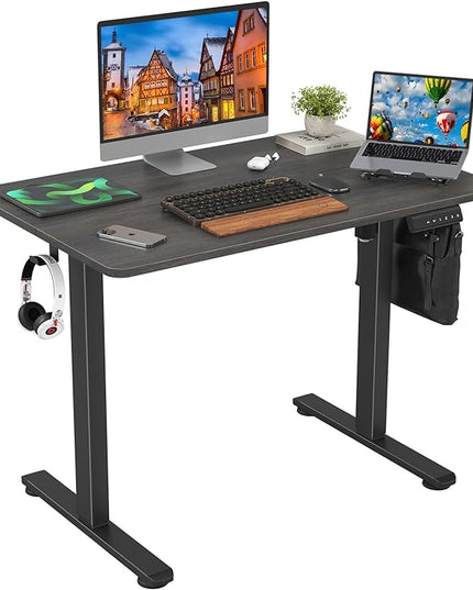 STARY Electric Adjustable Height Sit Stand Home Office Desk with Splice Board, 40x24, Abner Walnut Desktop/Black Frame - LeafyLoom