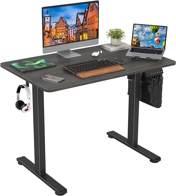 STARY Electric Adjustable Height Sit Stand Home Office Desk with Splice Board, 40x24, Abner Walnut Desktop/Black Frame - LeafyLoom