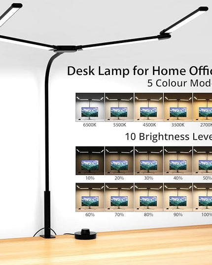 Desk Lamp for Office Home, 4 Heads, 24W Ultra Bright, 5 Colors 10 Bright Levels, Long Flexible Clamp Clip Light, Task Table Lamp with Adapter & Switch Controller, Black - LeafyLoom