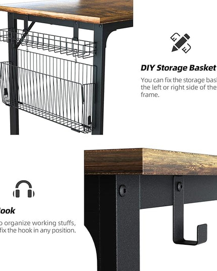 ASTARTH Study Computer Desk-47 Inch Home Office Desk, Wood Storage Table, Modern Writing Style Laptop Table, Black Metal Frame, PC Table with Storage Basket and Headphone Hooks, Rustic Brown - LeafyLoom