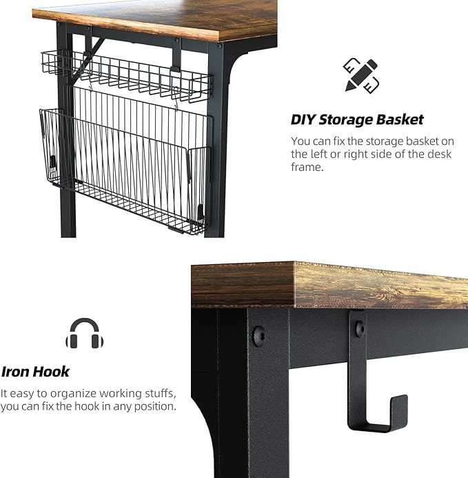 ASTARTH Study Computer Desk-47 Inch Home Office Desk, Wood Storage Table, Modern Writing Style Laptop Table, Black Metal Frame, PC Table with Storage Basket and Headphone Hooks, Rustic Brown - LeafyLoom