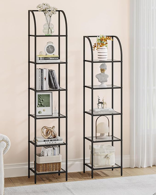 Bookcase Bookshelf, Tempered Glass Arched Bookshelf for More Storage, Slim Shelving Unit for Bedroom, Bathroom, Home Office, Steel Frame, 5 Tier Black BC20599B - LeafyLoom