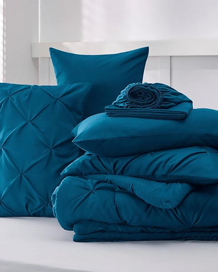 Bedsure California King Comforter Set - Cal King Bed Set 7 Pieces, Pinch Pleat Teal Blue Cali King Bedding Set with Comforter, Sheets, Pillowcases & Shams - LeafyLoom