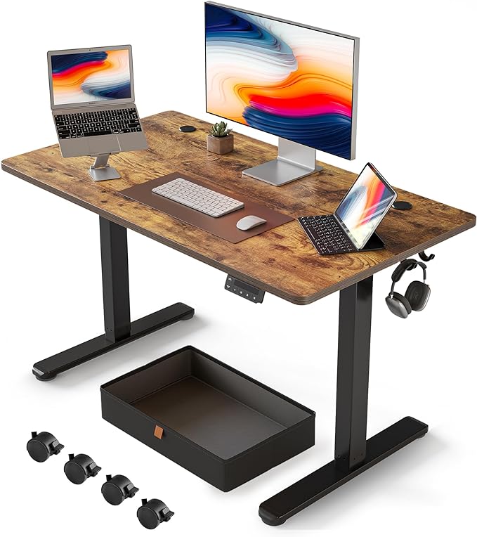 FEZIBO 40 x 24 Inches Standing Desk with Drawer, Adjustable Height Electric Stand up Desk with Storage, Sit Stand Home Office Desk, Ergonomic Computer Desk, Rustic Brown - LeafyLoom