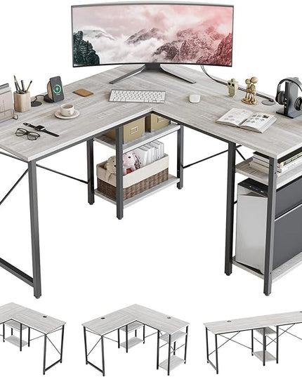 Bestier L Shaped Desk with Shelves 75 Inch Reversible Corner Computer Desk or 2 Person Long Table, Writing Study Desk for Home Office Small Space Bedroom Apartment, Wash White - LeafyLoom
